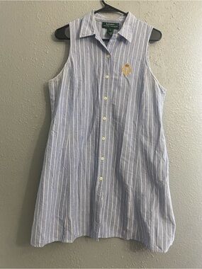 Ralph Lauren Blue and White Striped Shirt with Gold Crest Embroidery